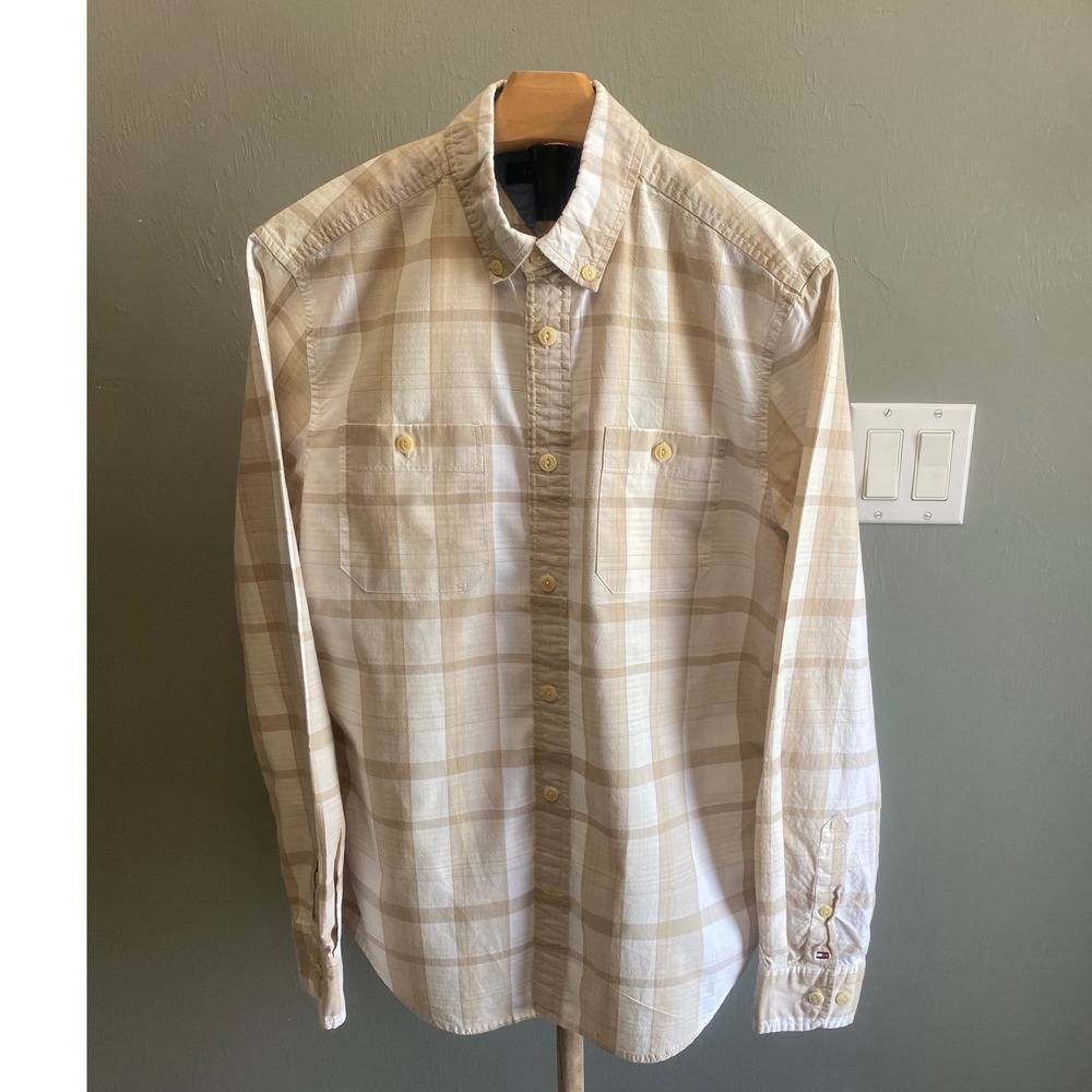 Tommy Hilfiger Mens Small Plaid Button Down Shirt Tan White Long Sleeve Pockets